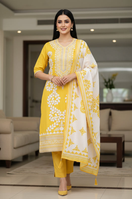 Cotton Digital Print Un-Stitched Suit with Cut Dana, Pearl Work & Tassel Dupatta