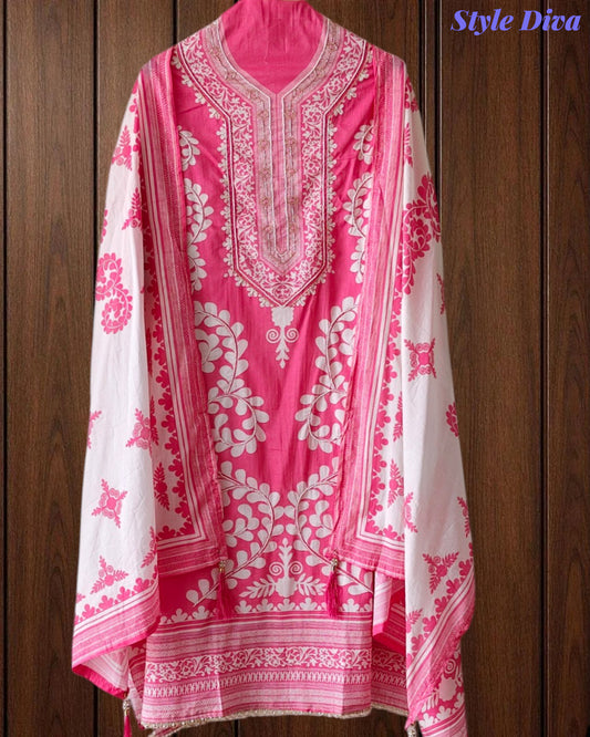 Cotton Digital Print Un-Stitched Suit with Cut Dana, Pearl Work & Tassel Dupatta