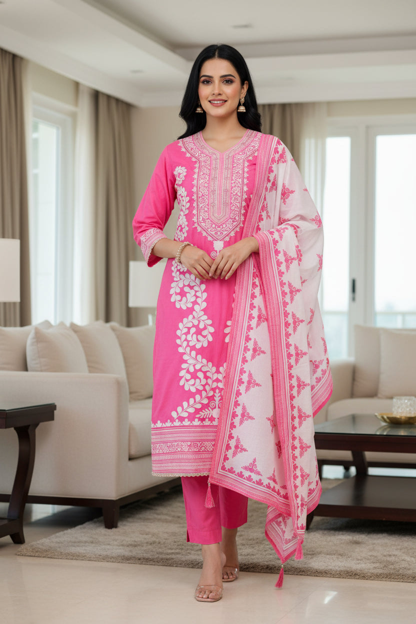 Cotton Digital Print Un-Stitched Suit with Cut Dana, Pearl Work & Tassel Dupatta
