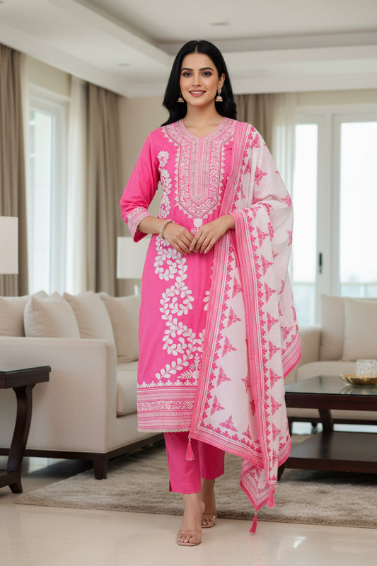 Cotton Digital Print Un-Stitched Suit with Cut Dana, Pearl Work & Tassel Dupatta