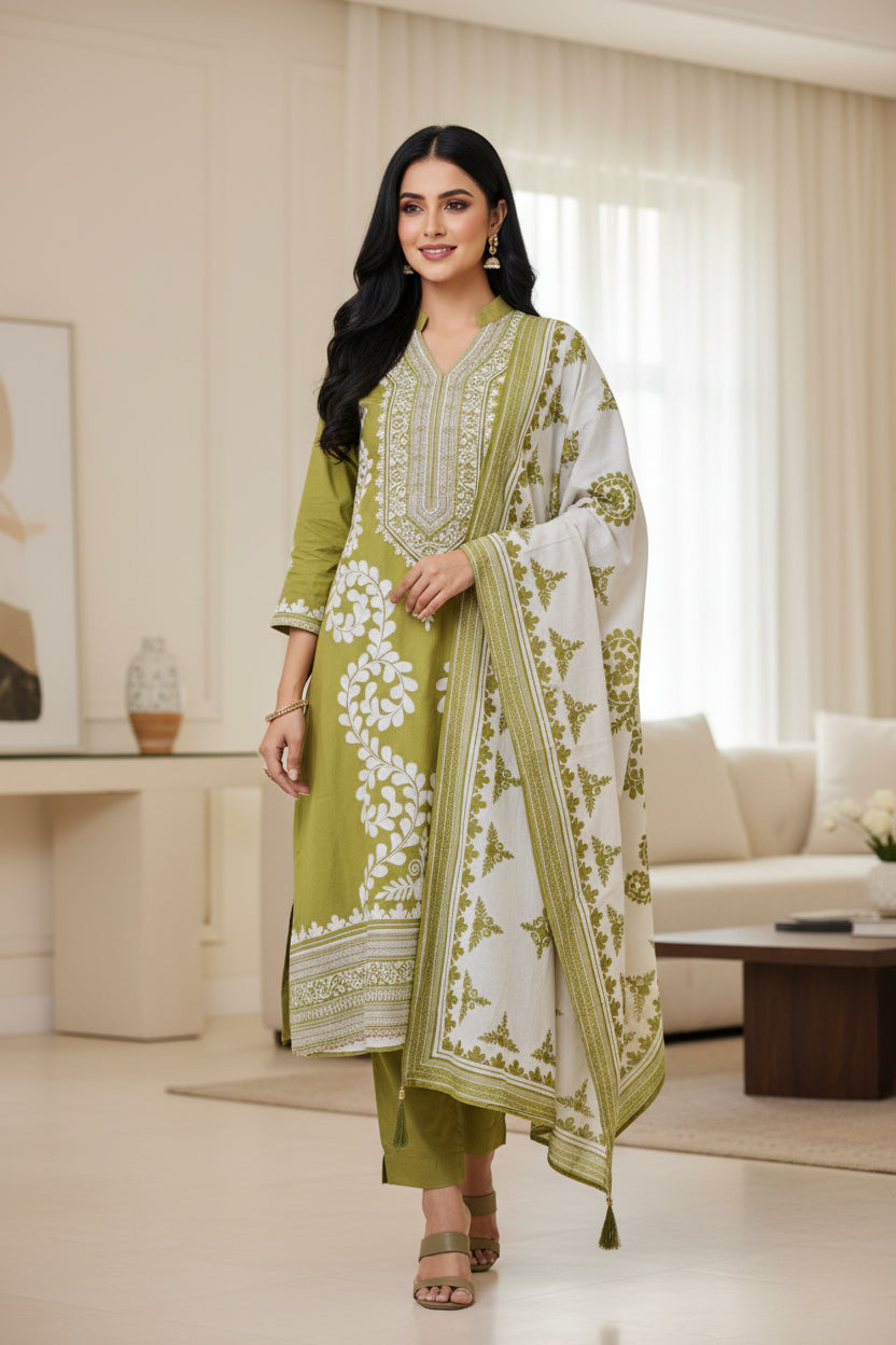 Cotton Digital Print Un-Stitched Suit with Cut Dana, Pearl Work & Tassel Dupatta