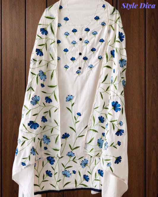 Pure Cotton Overall Embroidered Unstitched Suit With Embroidered Dupatta