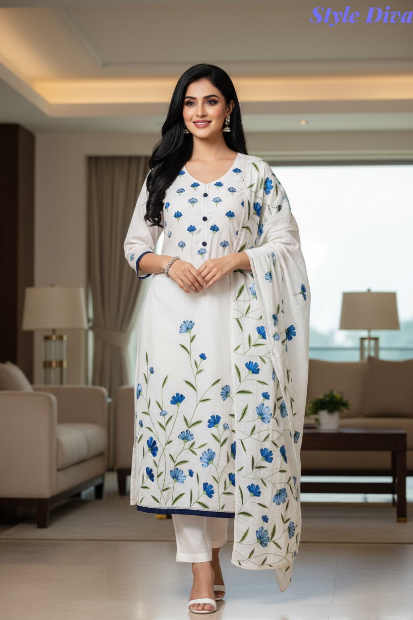 Pure Cotton Overall Embroidered Unstitched Suit With Embroidered Dupatta