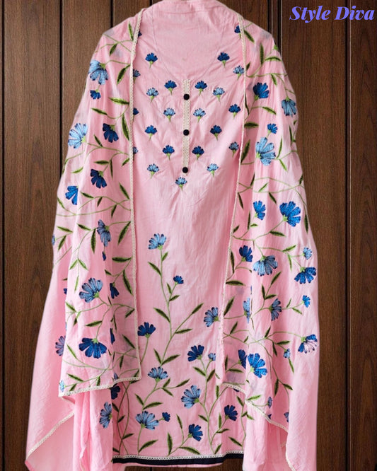 Pure Cotton Overall Embroidered Unstitched Suit With Embroidered Dupatta