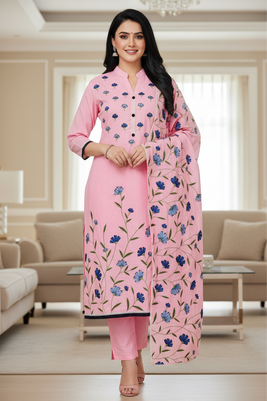 Pure Cotton Overall Embroidered Unstitched Suit With Embroidered Dupatta