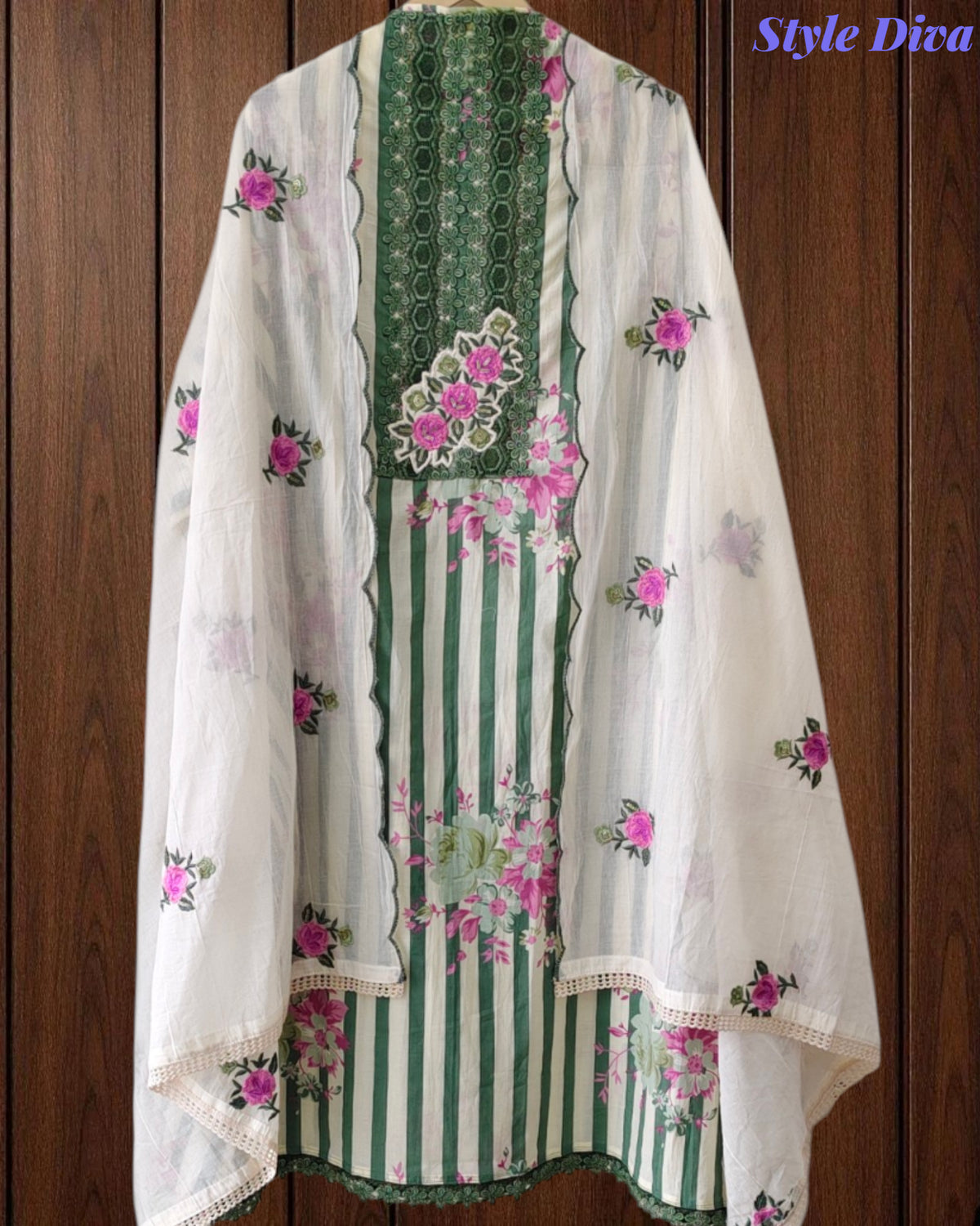 Cotton Digital Print Unstitched Crochet Lace Suit with Embroidered Dupatta
