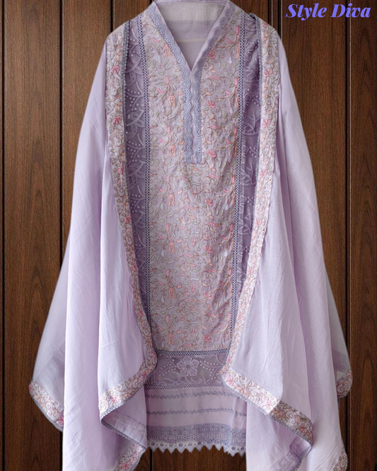 Designer Mul Cotton Embroidered Unstitched Suit Set with Crochet Lace Dupatta