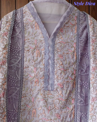 Designer Mul Cotton Embroidered Unstitched Suit Set with Crochet Lace Dupatta