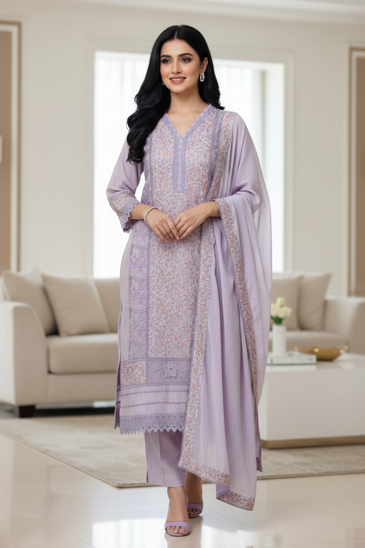 Designer Mul Cotton Embroidered Unstitched Suit Set with Crochet Lace Dupatta