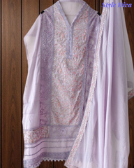 Designer Mul Cotton Embroidered Unstitched Suit Set with Crochet Lace Dupatta