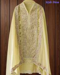 Designer Mul Cotton Embroidered Unstitched Suit Set with Crochet Lace Dupatta