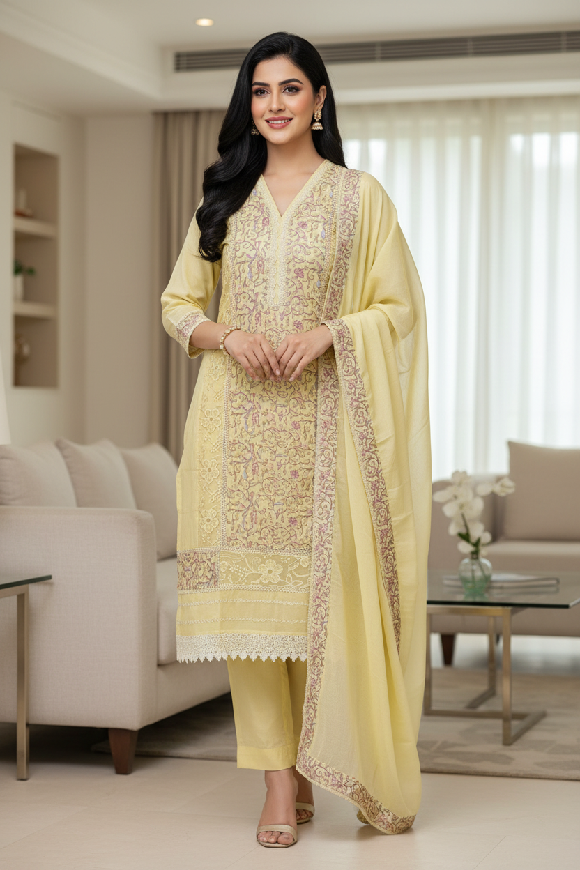 Designer Mul Cotton Embroidered Unstitched Suit Set with Crochet Lace Dupatta