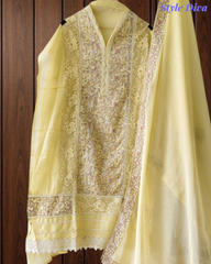 Designer Mul Cotton Embroidered Unstitched Suit Set with Crochet Lace Dupatta