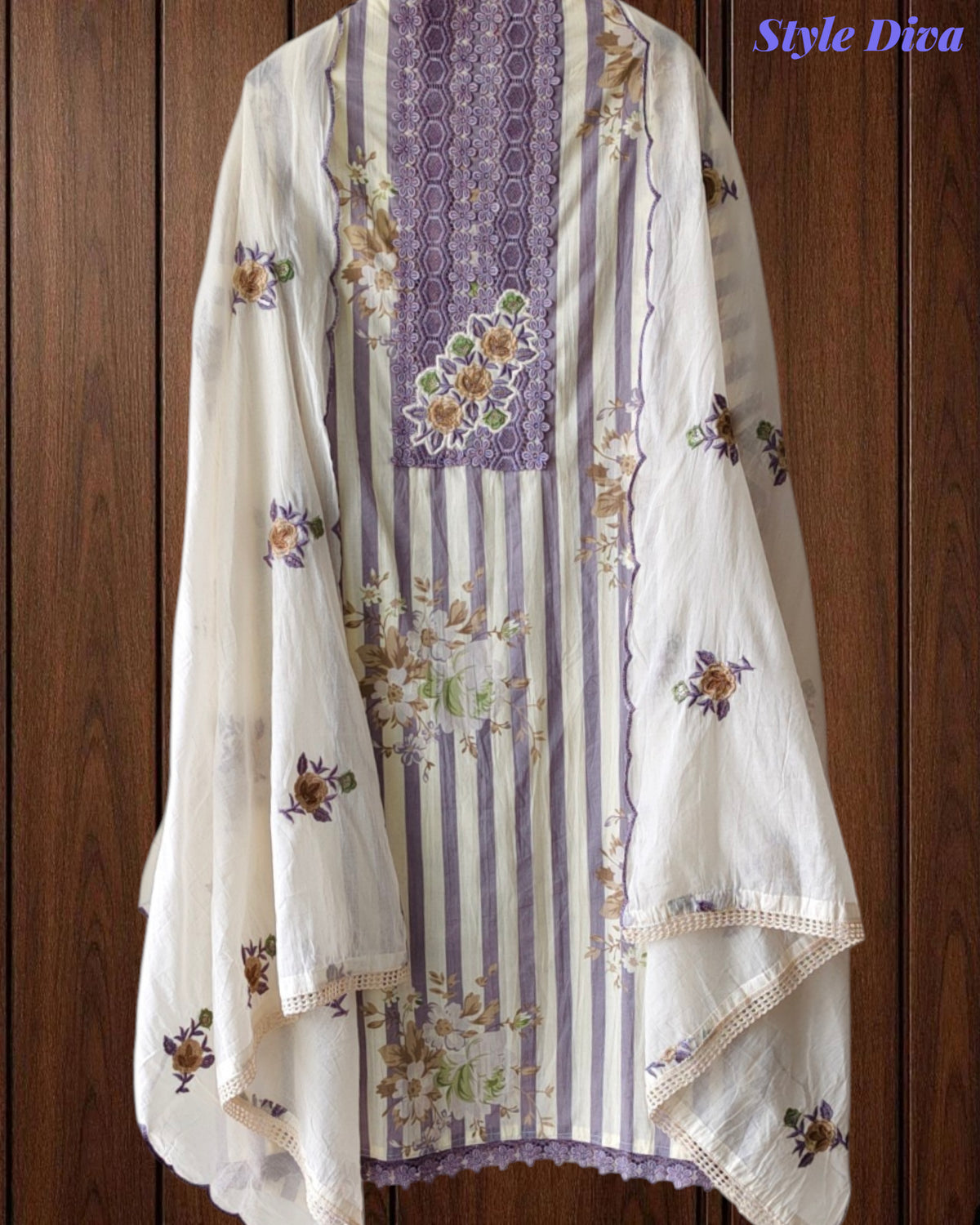 Cotton Digital Print Unstitched Crochet Lace Suit with Embroidered Dupatta