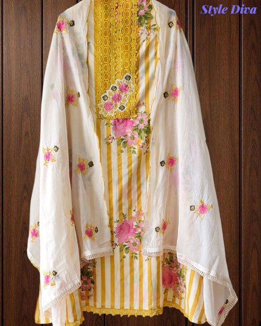 Cotton Digital Print Unstitched Crochet Lace Suit with Embroidered Dupatta