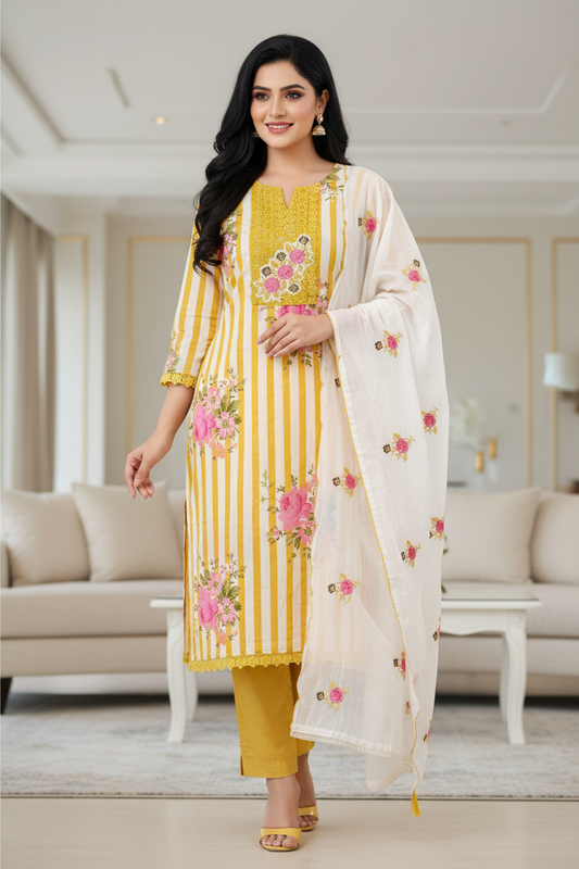 Cotton Digital Print Unstitched Crochet Lace Suit with Embroidered Dupatta