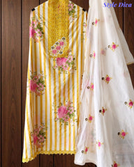 Cotton Digital Print Unstitched Crochet Lace Suit with Embroidered Dupatta