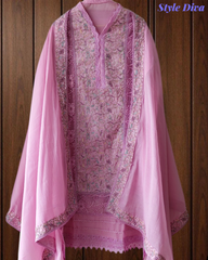 Designer Mul Cotton Embroidered Unstitched Suit Set with Crochet Lace Dupatta