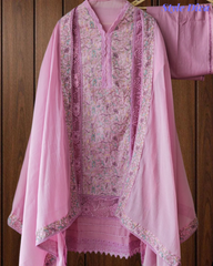 Designer Mul Cotton Embroidered Unstitched Suit Set with Crochet Lace Dupatta