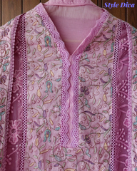 Designer Mul Cotton Embroidered Unstitched Suit Set with Crochet Lace Dupatta