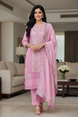Designer Mul Cotton Embroidered Unstitched Suit Set with Crochet Lace Dupatta