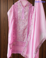 Designer Mul Cotton Embroidered Unstitched Suit Set with Crochet Lace Dupatta