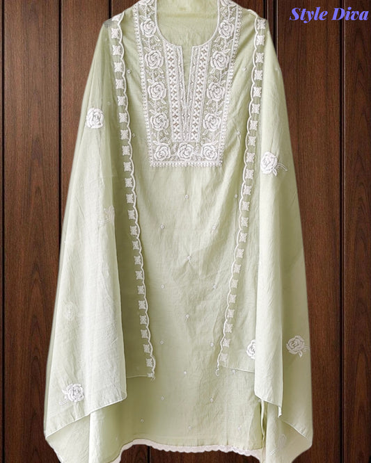 Mul Cotton Embroidered Unstitched Suit with Scalloped Embroidery Dupatta
