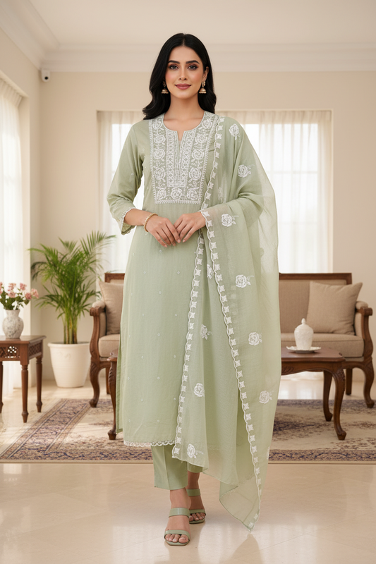 Mul Cotton Embroidered Unstitched Suit with Scalloped Embroidery Dupatta