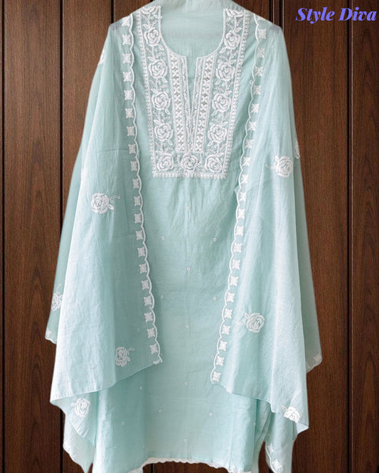 Mul Cotton Embroidered Unstitched Suit with Scalloped Embroidery Dupatta