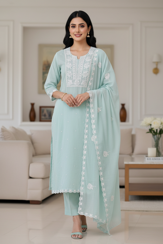 Mul Cotton Embroidered Unstitched Suit with Scalloped Embroidery Dupatta