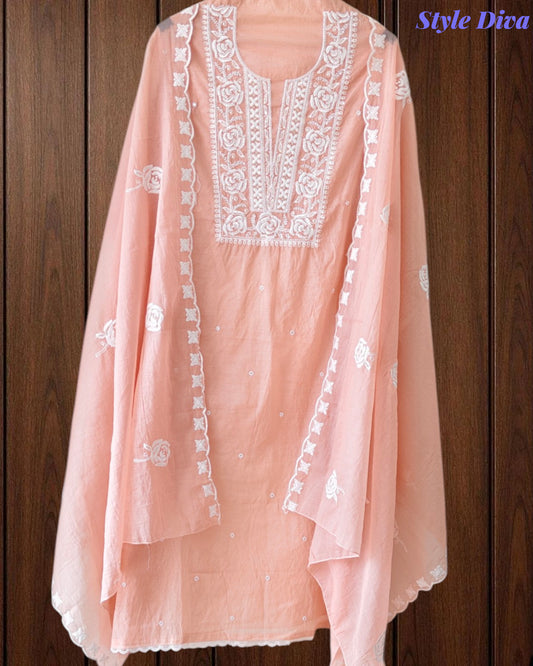 Mul Cotton Embroidered Unstitched Suit with Scalloped Embroidery Dupatta