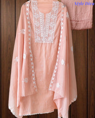 Mul Cotton Embroidered Unstitched Suit with Scalloped Embroidery Dupatta