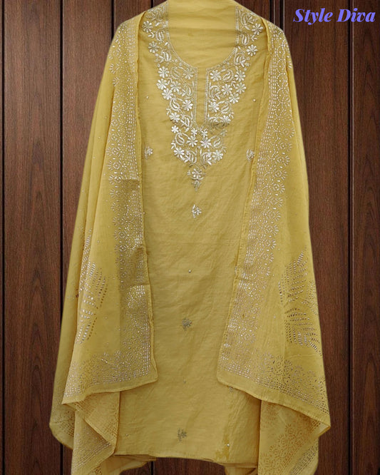 Mul Cotton Pita Work Unstitched Suit with Mukaish Dupatta