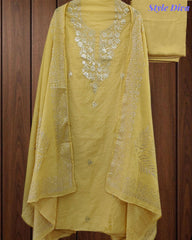 Mul Cotton Pita Work Unstitched Suit with Mukaish Dupatta