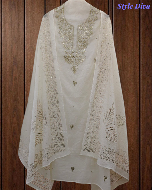 Mul Cotton Pita Work Unstitched Suit with Mukaish Dupatta