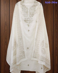 Mul Cotton Pita Work Unstitched Suit with Mukaish Dupatta