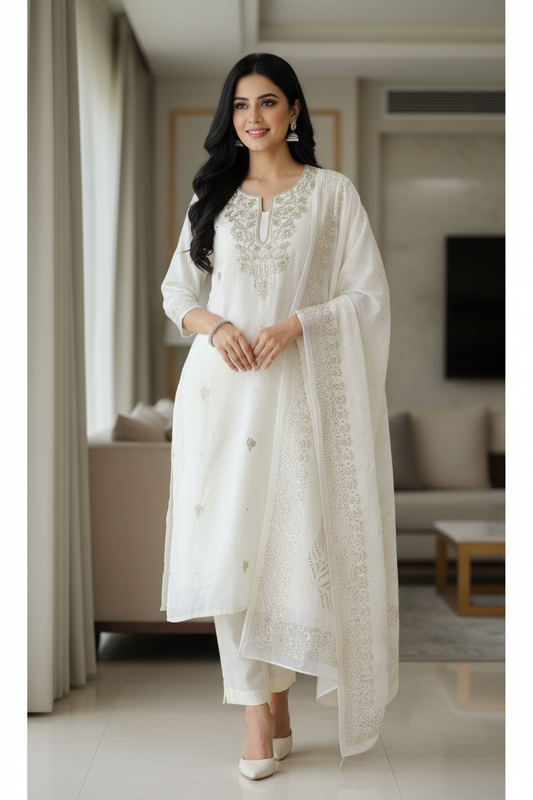 Mul Cotton Pita Work Unstitched Suit with Mukaish Dupatta