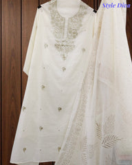 Mul Cotton Pita Work Unstitched Suit with Mukaish Dupatta
