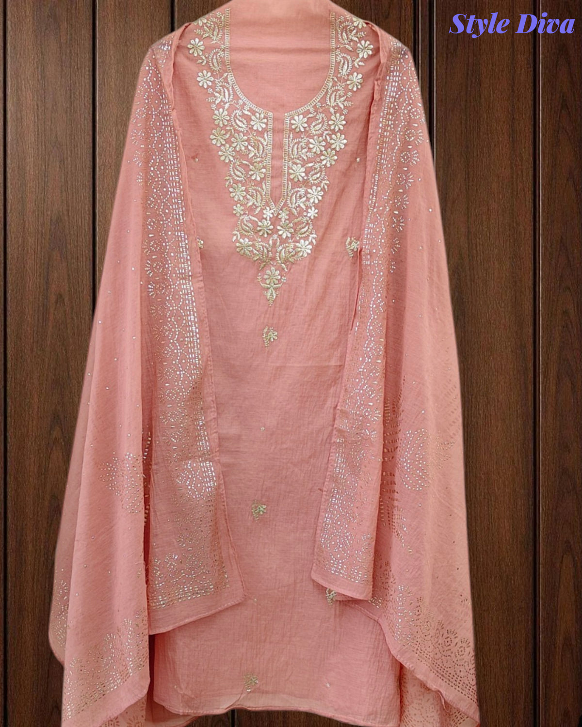 Mul Cotton Pita Work Unstitched Suit with Mukaish Dupatta