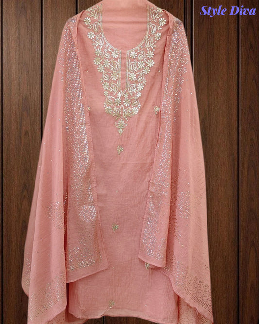 Mul Cotton Pita Work Unstitched Suit with Mukaish Dupatta