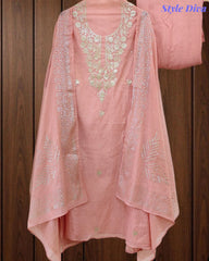 Mul Cotton Pita Work Unstitched Suit with Mukaish Dupatta