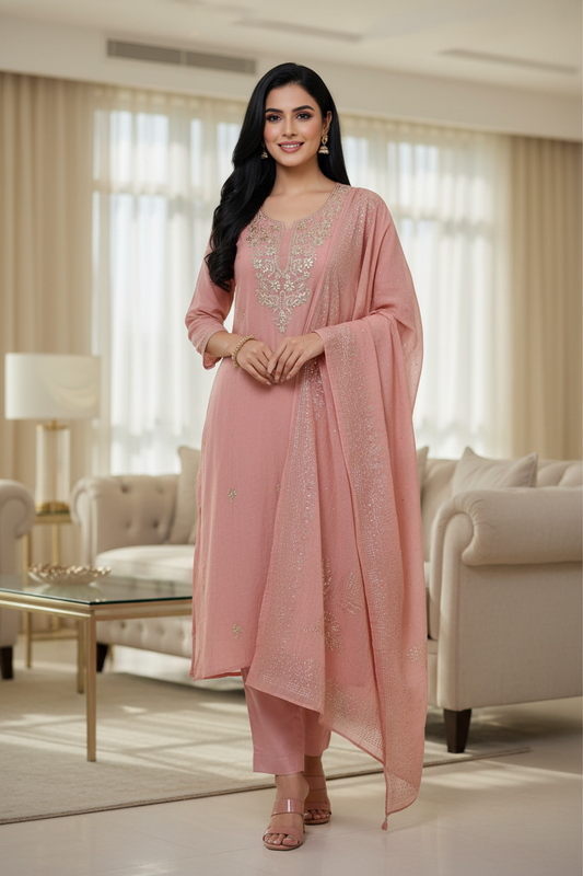 Mul Cotton Pita Work Unstitched Suit with Mukaish Dupatta