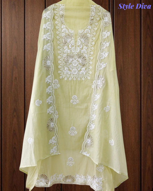 Mul Cotton Embroidered Pita Work Unstitched Suit with Scalloped Dupatta