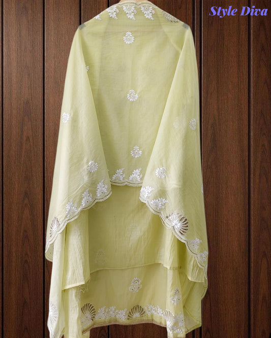 Mul Cotton Embroidered Pita Work Unstitched Suit with Scalloped Dupatta