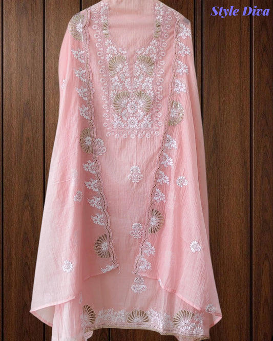 Mul Cotton Embroidered Pita Work Unstitched Suit with Scalloped Dupatta