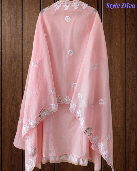 Mul Cotton Embroidered Pita Work Unstitched Suit with Scalloped Dupatta