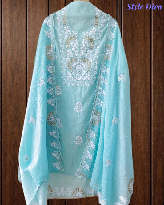 Mul Cotton Embroidered Pita Work Unstitched Suit with Scalloped Dupatta