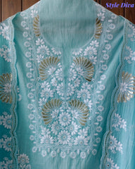 Mul Cotton Embroidered Pita Work Unstitched Suit with Scalloped Dupatta