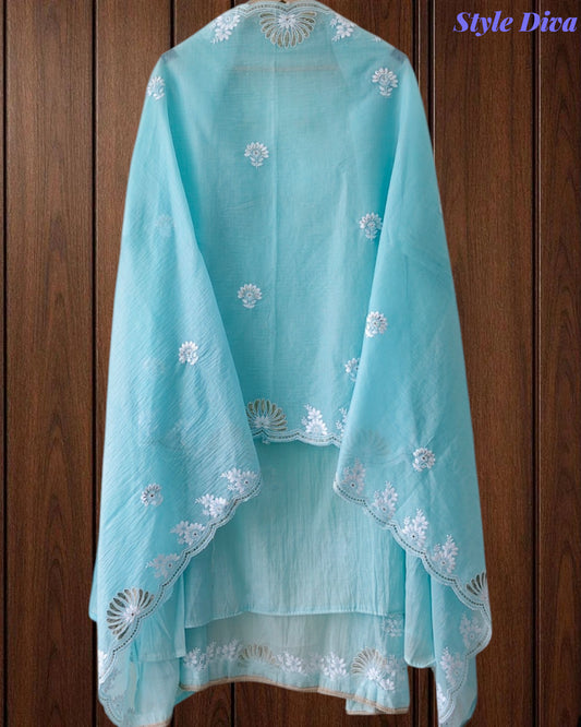 Mul Cotton Embroidered Pita Work Unstitched Suit with Scalloped Dupatta
