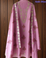 Mul Cotton Block Print Pita Embroidered Unstitched Suit with Scalloped Dupatta | Festive & Party Wear